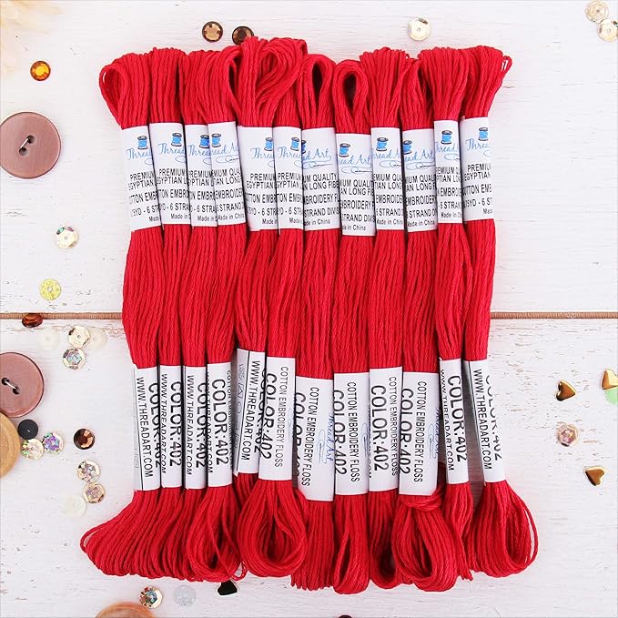 12 Skeins ThreadArt Premium Egyptian Long Fiber Cotton Embroidery Floss | Red | 6 Strand Divisible Thread 8.75yds Each for Hand Embroidery, Friendship Bracelets, Cross Stitch and Crafts