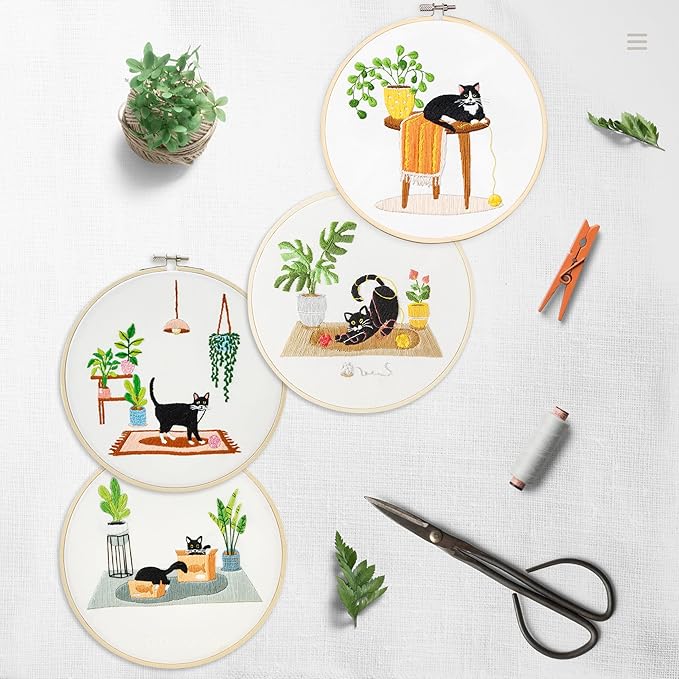 bonroy 4 sets embroidery set for beginners, art craft, easy sewing, includes embroidery clothing, pattern, embroidery hoop, instruction manual, colorful thread stitch set (cat)