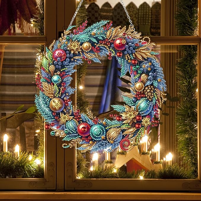 JJFox Diamond Art Hanging Kit for Adult,Special Shaped Rhinestone,DIY Acrylic Diamond Art Painting Window Pendants Home Garden Wall Hanging Kits Hanging Ornament,Double Sided (Christmas wreath2)