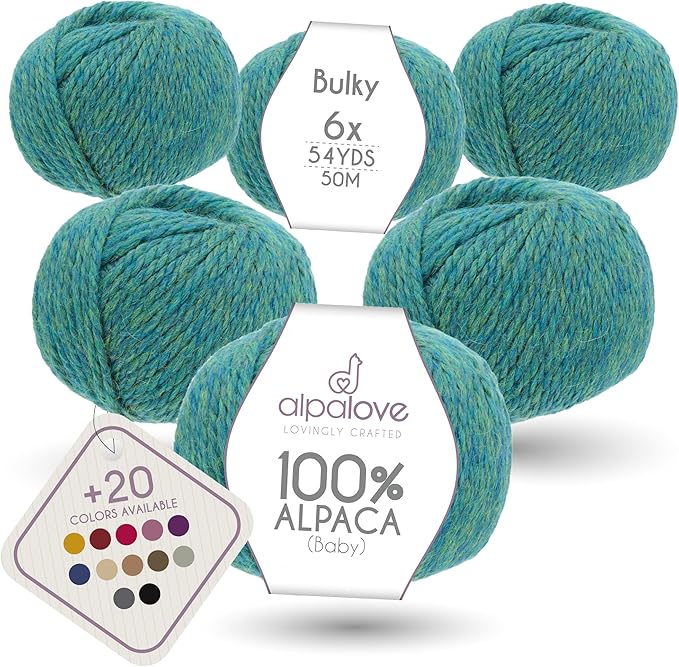Bulky Set (6 x 1.75 oz) Super Soft Baby Alpaca Knitting Yarn Blue Green 328 Yards
