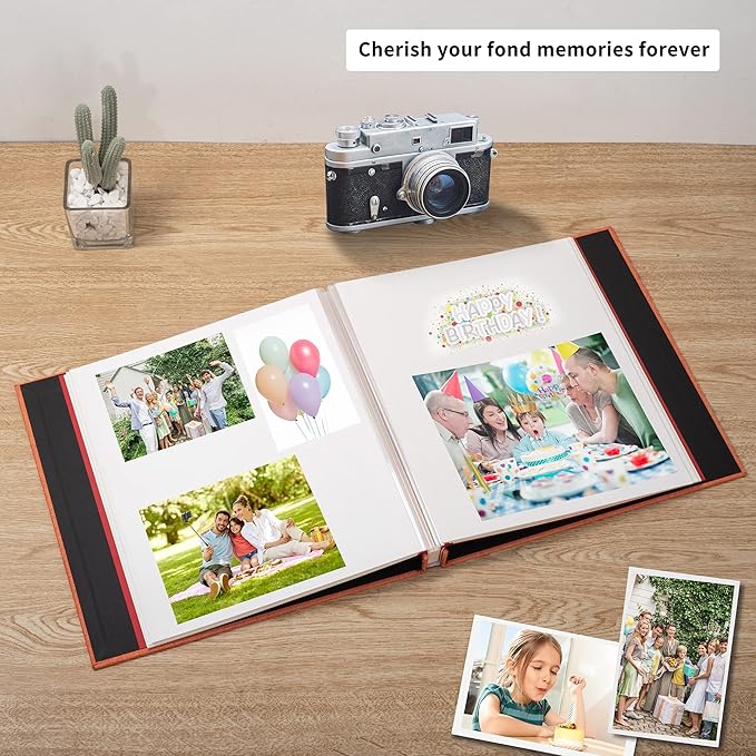 Large Photo Album Self Adhesive 4x6 5x7 6x8 8x10 Pictures Scrapbook Magnetic Album DIY Scrap Book 60 Sticky Pages Linen Cover DIY Photo Album with A Metallic Pen and DIY Accessories(Orange)