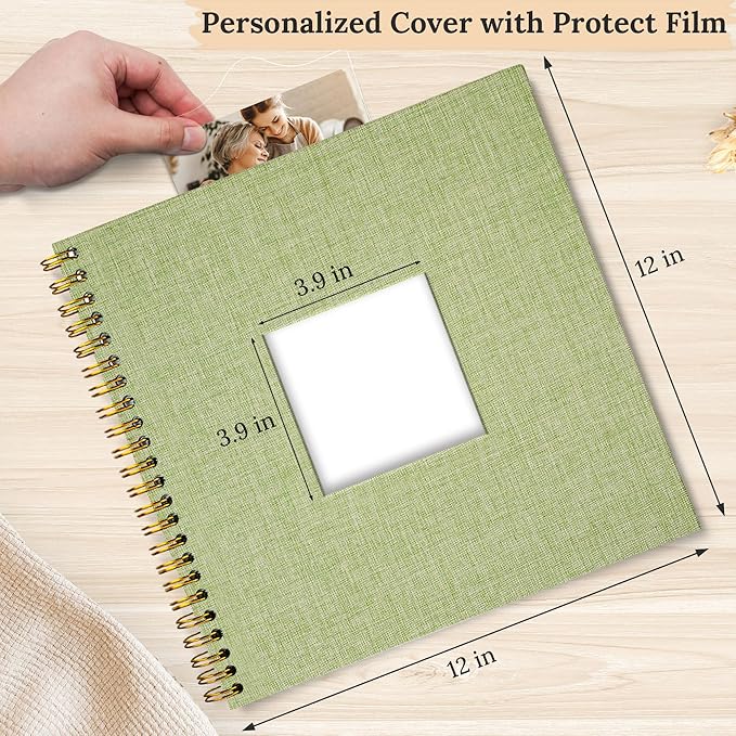 Scrapbook Photo Album Linen Cover, 12 x 12 Inch Hardcover Kraft White Pages Memory Book, for Travel Wedding Guest Book Christmas Baby Shower (40 Sheets/ 80 Pages,Grassgreen)