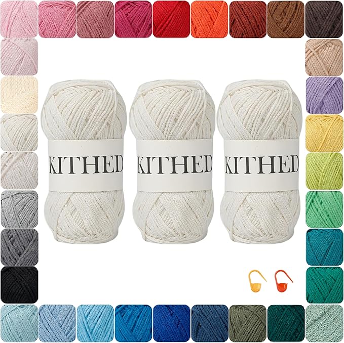 Cotton Chainette Yarn,4 Medium (Worsted)-10oz,3 Pack,Knitting Yarn for Beginners,Thicker for Crocheting and Knitting (01 Milk White)