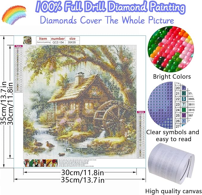 Countryside Diamond Art Kits for Adults, Diamond Painting Kits for Adults for Beginners, DIY Water Wheel Diamond Dots Art Kits, 5D Full Round Drill Gem Art Painting Kits for Home Wall Decor, 14x14in