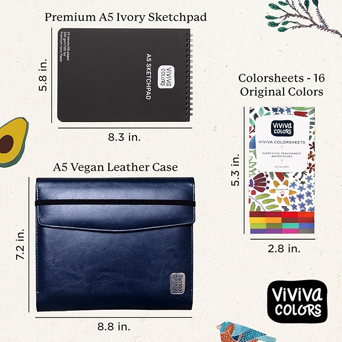 Viviva Colors Watercolor A5 Travel Paint Set - Travel Watercolor Kit with 16 Watercolors, A5 Ivory Sketchpad, Leather Case, Waterbrush, & Black Marker - Fun, Vibrant, No Mess Portable Travel Art Kit for Adults & Kids