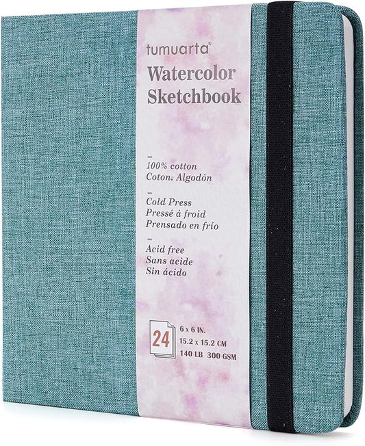 tumuarta Square Watercolor Sketchbook, 6x6”, 140 LB, 300GSM, 100% Cotton Paper, Cold Press, 24 Sheets,48 Pages, Plein Air Watercolor Journal For Use As Travel Sketch book and Mixed Media Pad On The Go