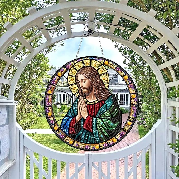 Wergund 5D DIY Jesus Diamond Art Hanging Kits, Hanging Diamond Art Religion, Acrylic Special Shaped Rhinestone, Window Hanging Pendants for Home Wall Garden Front Door Outdoor Decor Gift(Jesus)