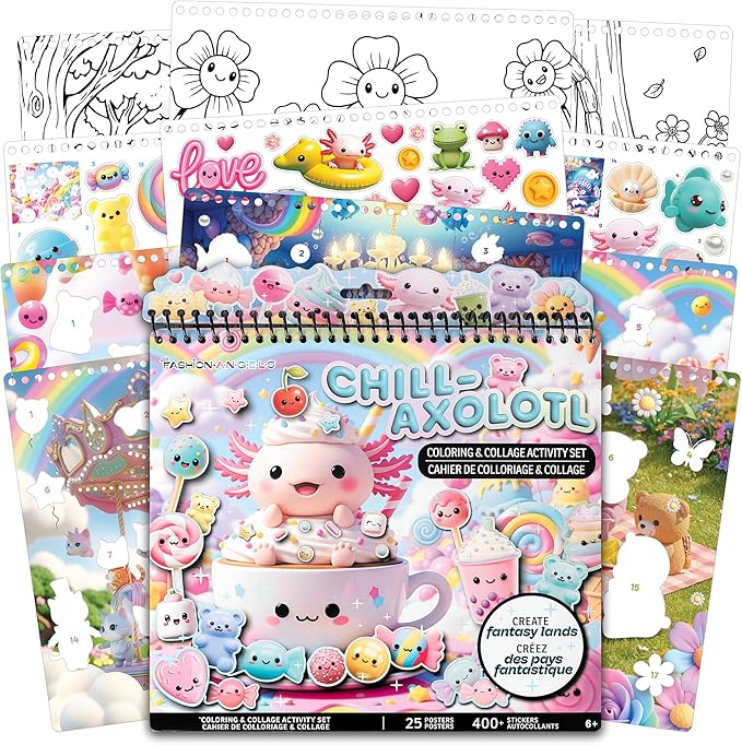Fashion Angels Chill Axolotl Coloring & Collage Activity Set, Includes 400+ Stickers, Sticker-by-Number & Coloring Pages with Mystical, Cosmic & Candy-Themed Scenes, Creative Art Kit for Kids Ages 6+
