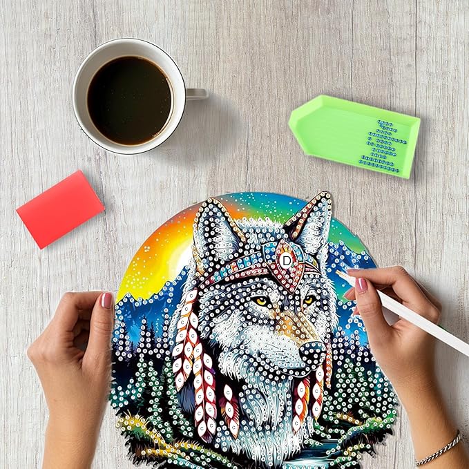SENQAO Wolf Diamond Art Hanging Kit for Adult Mountain Landscape, 5D Special Shape Diamond Art Kits, Wolf Crystal Rhinestones Diamond Gem Art Painting for Home Garden Wall Decor