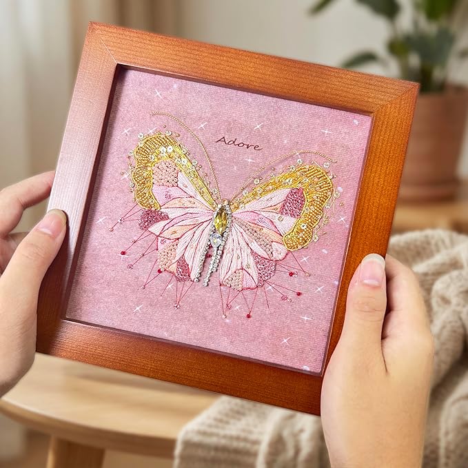 Craftreasure Embroidery Kit for Adults, Butterfly Needle Point Kits Adults Beginner Include Embroidery Beads Threads for Craft Lover Hand Stitch with Embroidery Skill Technique (Pink-Advanced)