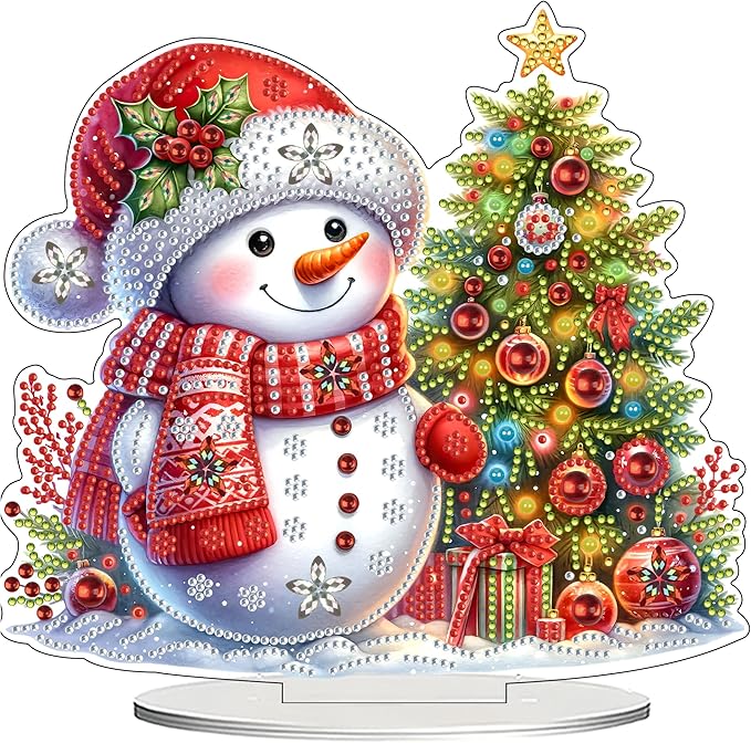 JJFox DIY 5D Tabletop Diamond Art Painting Kit， Desktop Ornament Special Shaped Rhinestone Desk Placement Ornament，Home Stand Up Gem Painting Craft Kit，Gift (Christmas Snowman)