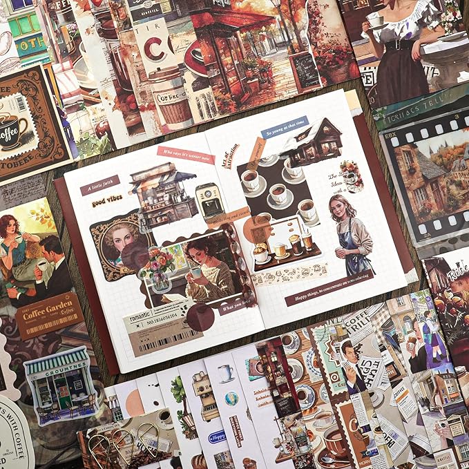 Scrapbooking Supplies Kit, Coffee Aesthetic Vintage Scrapbook Kit for Bullet Junk Journal A6 Grid Notebook Stationary Journaling Supplies DIY Craft Birthday Holiday Gifts for Women Kid Teen Girl