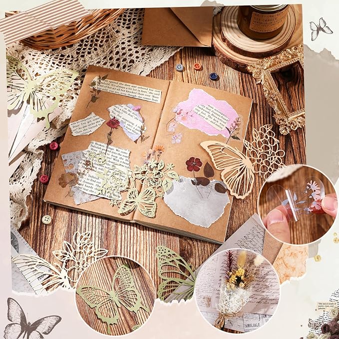 Fullhawl 186 Pcs Scrapbook Paper and Mesh Fabric Assorted Scrapbook Supplies Journaling Scrapbooking 20 Sheets Flowers Stickers 10 Sheets Butterfly Paper for Planner Junk Journal Retro Crafts