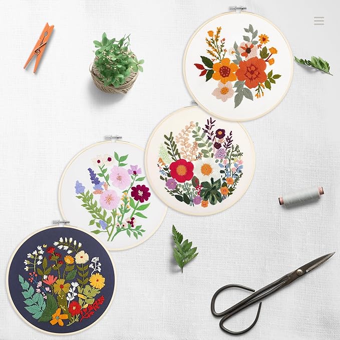 bonroy 4 sets embroidery kit for beginners with instructions,cross stitch kits for adults with pattern,needlepoint kits for adult include embroidery cloth hoops needles threads