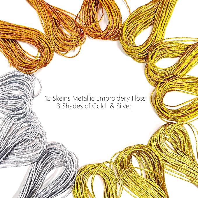 12 Skeins Metallic Embroidery Floss, Gold and Silver Embroidery Thread, Multi-Purpose Cross Stitch Thread for Hand Crafts Art Supplies（8 m 12 Strands）