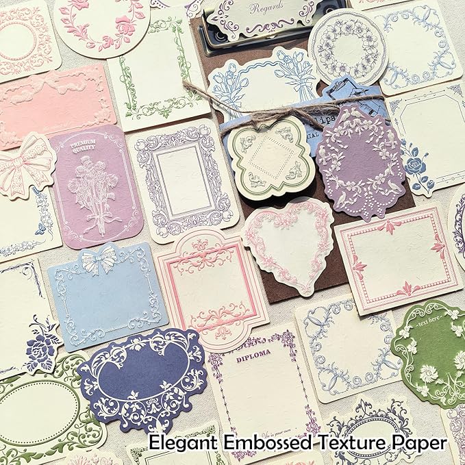 120 Pcs Embossed Scrapbooking Paper & Journaling Supplies, 160gsm Textured Scrapbook paper with Grass Fibers, Vintage Scrapbook Label Tags Set for Junk Journal Supplies, Card Making & DIY - 4 Boxes
