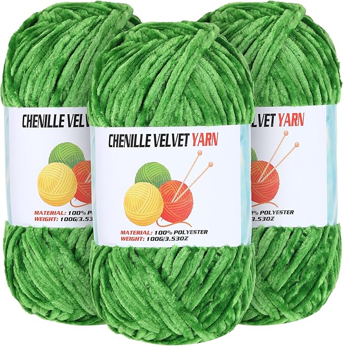 3 * 100g Velvet Chenille Chunky Yarn for Crocheting, Handcrafts Weaving Soft Chenille Yarn for Crocheting Clearance, Used for Making Baby Yarns Blanket, Clothes, Knitting Creations (Green)