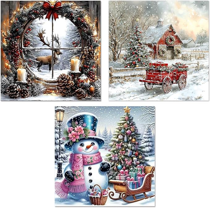 Meothan 3 Pack Diamond Art Kits for Adults, Christmas Diamond Painting Kits for Adults, 5D DIY Round Drill Gem Art Paint with Diamonds Dots Crafts Kits for Home Decor Gift 13.8x13.8inch