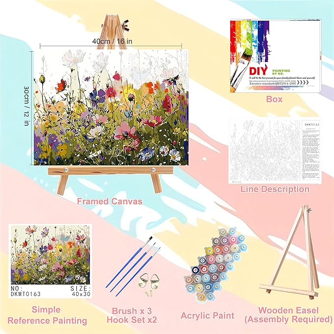 Wild Flower Paint by Numbers for Adults with Framed Canvas-with Wooden Easel,Paint by Number on Canvas Flowers,DIY Acrylic Oil Painting Kits with Brushes Nice Gift Box for Home Wall Decor(12x16inch)