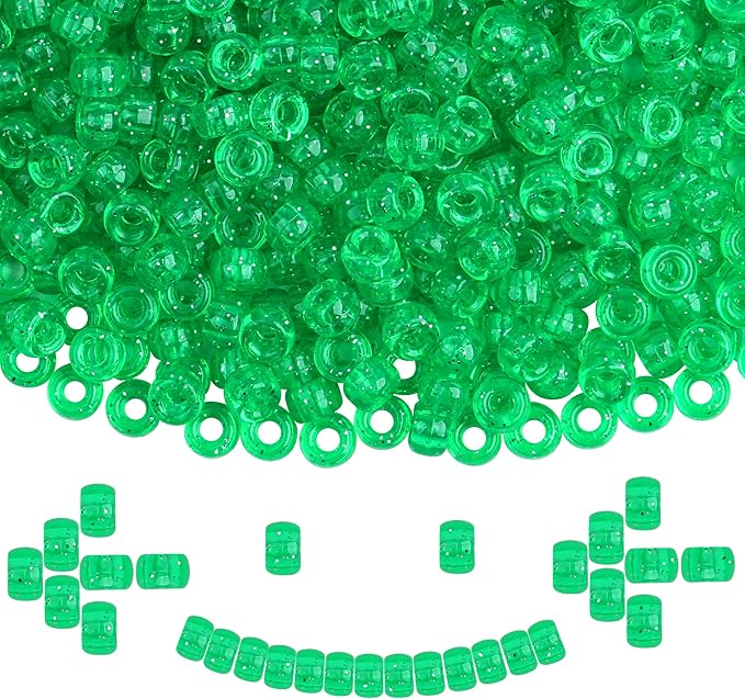 Plastic Pony Beads, 1000 Pcs, 6x9mm, for Bracelet, Hair Braiding, Friendship Bracelets, Jewelry Making (Green Glitter)