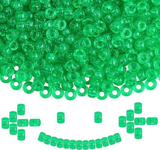 Plastic Pony Beads, 1000 Pcs, 6x9mm, for Bracelet, Hair Braiding, Friendship Bracelets, Jewelry Making (Green Glitter)