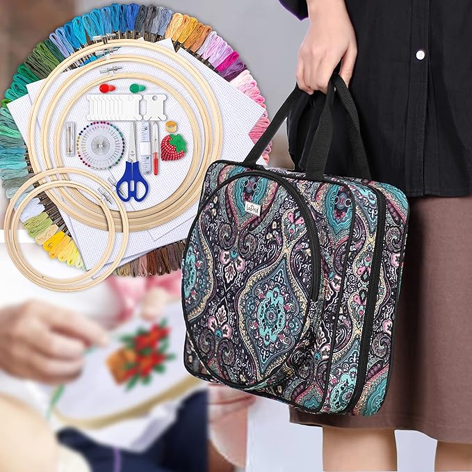 LoDrid Embroidery Kit, Embroidery Project Bag with Embroidery Kit, Portable Craft Carry Case with Starter Kit, Embroidery Supplies Storage Bag and Cross Stitch Kits for Beginners, Adults, Totem