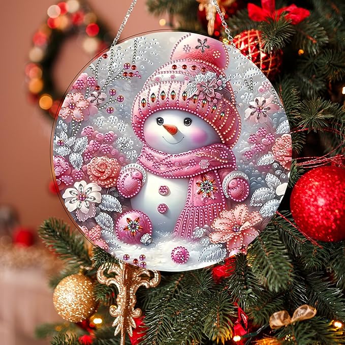 JJFox Diamond Art Hanging Kit for Adult,Special Shaped Rhinestone,Double Sided DIY Acrylic 5D Diamond Art Painting Window Pendants Home Garden Wall Hanging Kits Hanging Ornament (Christmas Snowman-2)