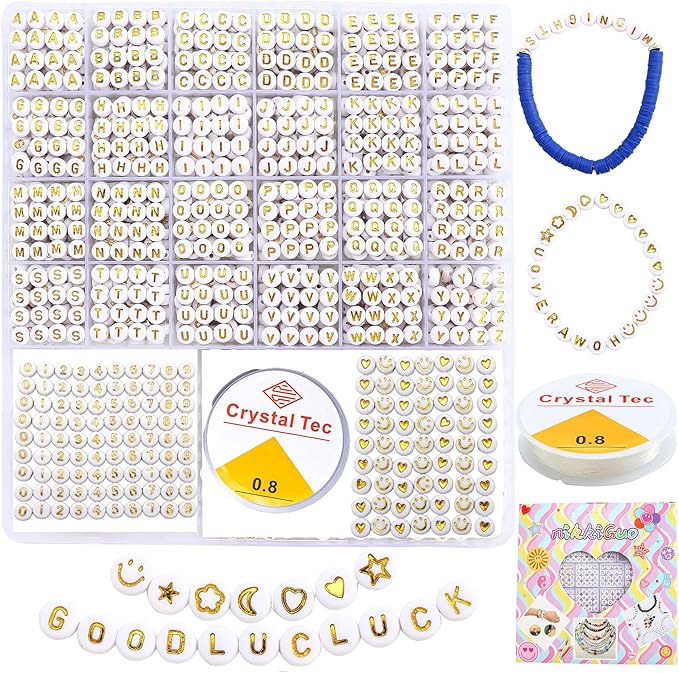 nikkiGuo 1250 PCS Letter Beads Kit with Elastic Cord – Alphabet A–Z, Numbers, Heart, Moon, Star, Smiley Beads for Friendship Bracelets & DIY Jewelry (White Beats & Golden Letters)