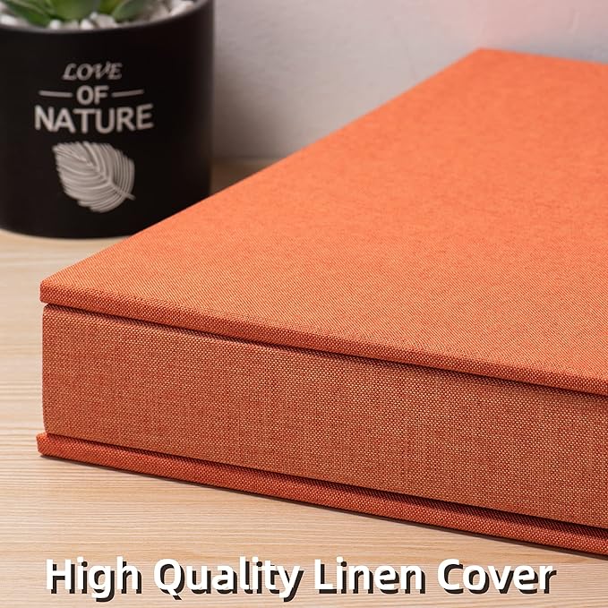 Large Photo Album Self Adhesive 4x6 5x7 3x5 8x10 Scrapbook Magnetic Album DIY Scrap Book Length 13 x Width 12.8 (Inches) 120 Black Sticky Pages Linen Cover DIY Photo Album(Orange)