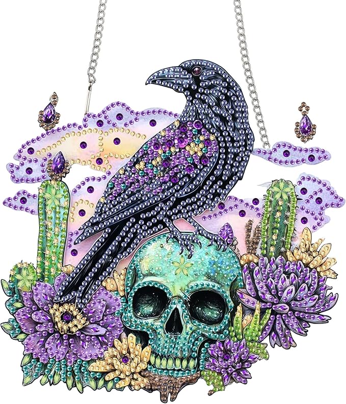 Bimkole Crow Diamond Art Hanging Kit for Adult, DIY 5D Skulls Diamond Art Painting Window Pendant, Acrylic Crystal Art Hanging Ornament for Wall Home Garden Front Door Decor - 7.8x7.8 Inch
