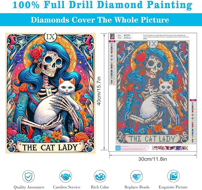 Meothan Diamond Art Kits for Adults, Horror Skull and Cat Diamond Painting Kits for Adults, 5D DIY Round Full Drill Gothic Gem Art Paint by Diamonds Dots Crafts Kits for Home Decor Gift 12x16inch