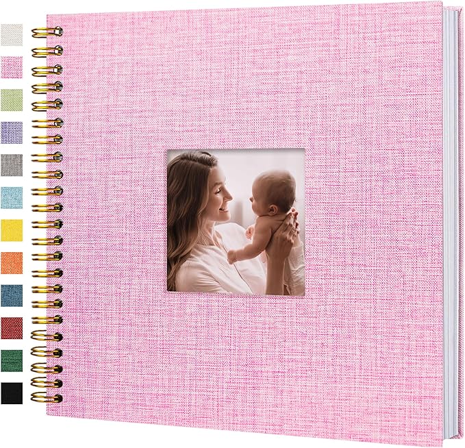 Scrapbook Photo Album Linen Cover, 12 x 12 Inch Hardcover Kraft White Pages Memory Book, for Travel Wedding Guest Book Christmas Baby Shower (40 Sheets/ 80 Pages,Pink)