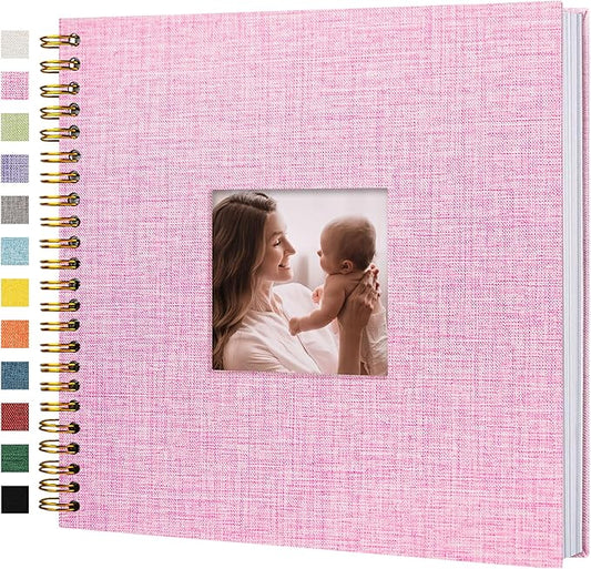 Scrapbook Photo Album Linen Cover, 12 x 12 Inch Hardcover Kraft White Pages Memory Book, for Travel Wedding Guest Book Christmas Baby Shower (40 Sheets/ 80 Pages,Pink)