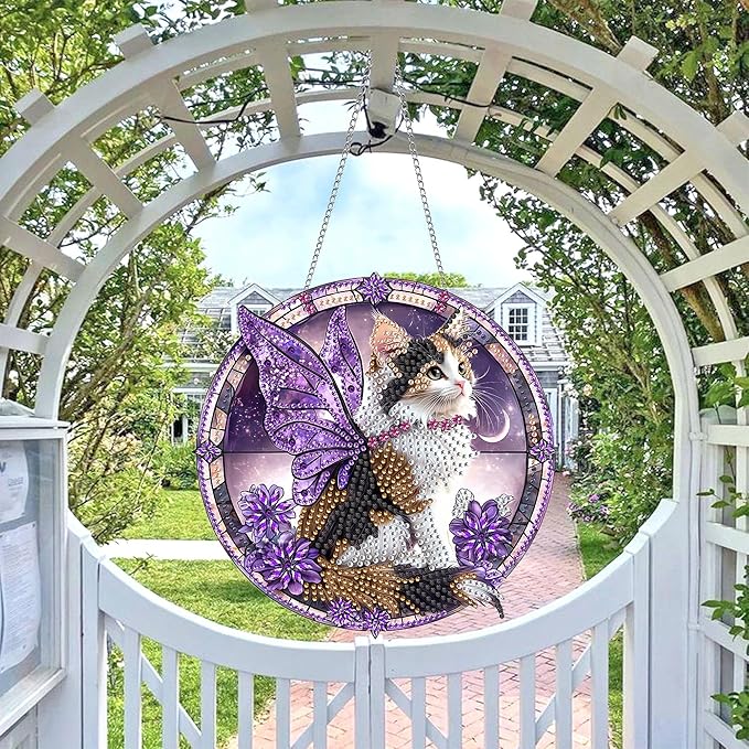 Wergund 5D Cat Diamond Art Hanging Kits, Hanging Diamond Art Animal, Acrylic Special Shaped Rhinestone, Window Hanging Pendants for Home Wall Garden Front Door Outdoor Decor Gift(Cat)