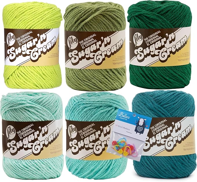 Lily Sugar'n Cream 100% Cotton Yarn 6-Pack Bundle with Bella's Crafts Stitch Markers (Greens)