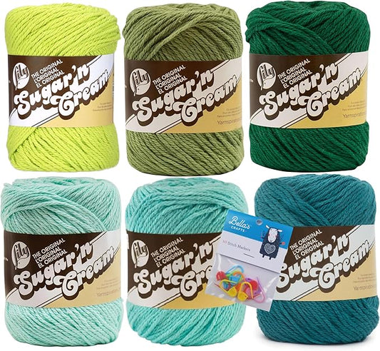 Lily Sugar'n Cream 100% Cotton Yarn 6-Pack Bundle with Bella's Crafts Stitch Markers (Greens)