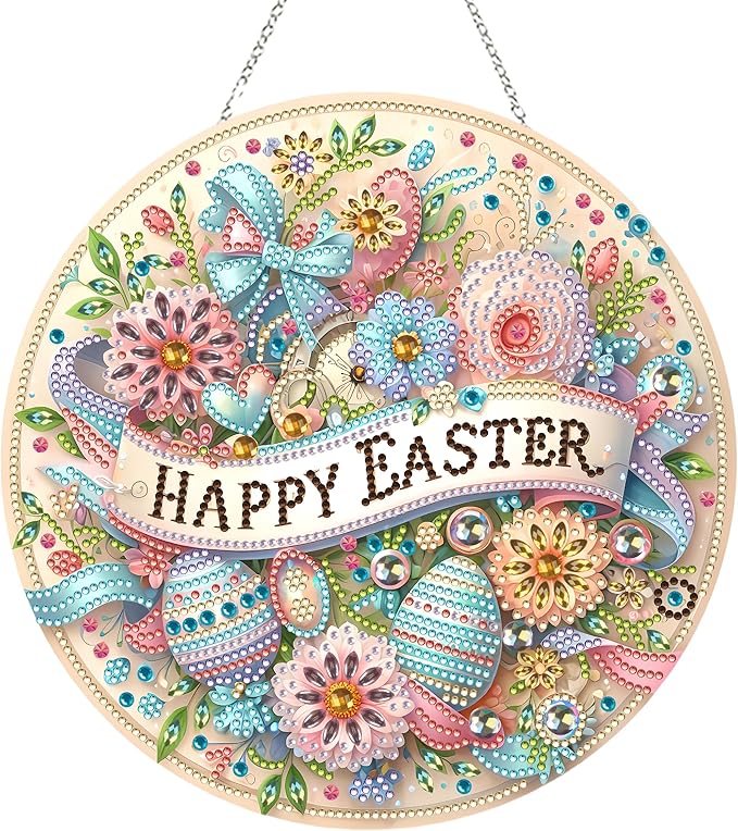 JJFox Diamond Art Hanging Kit for Adult,Special Shaped Rhinestone,Double Sided DIY Acrylic 5D Diamond Art Painting Window Pendants Home Garden Wall Hanging Kits Hanging Ornament (Happy Easter)