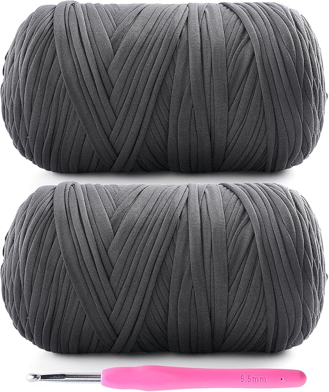 2 Pack T-Shirt Yarn for Crochet - 800 g/260 yds Elastic Fabric T-Shirt Yarn with 1 Crochet Hook (Dark Grey)