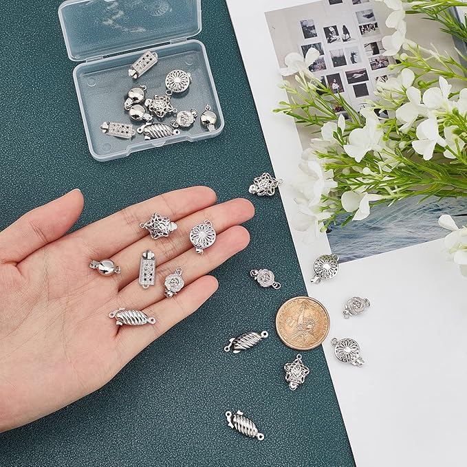 PH PandaHall 24 Sets 6 Style Filigree Box Clasps Filigree Pearl Clasps Platinum Plated Brass Single Strand Jewelry Clasps for DIY Pearl Necklace Bracelet Making