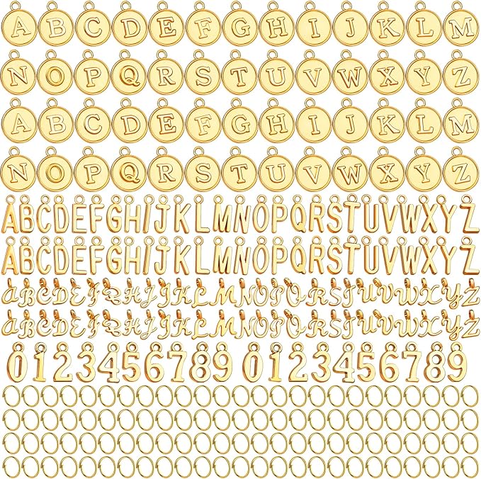 LEOBRO Letter Charms, 376 Pcs Gold Charms for Jewelry Making, Bracelet Necklace Charm & Jump Rings, Jewelry Making Supplies, Gold