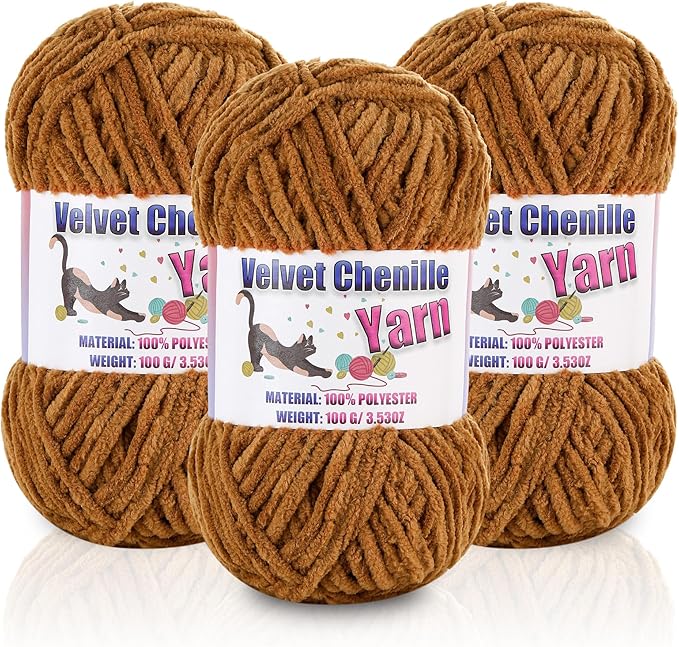3 * 100g/3.5oz Fluffy Chenille Yarn for Crocheting, Chunky Velvet Yarn for Crochet Amigurumi, Used for Making Baby Yarns Blanket, Clothes, Pattern Knitting Creations (Coffee)
