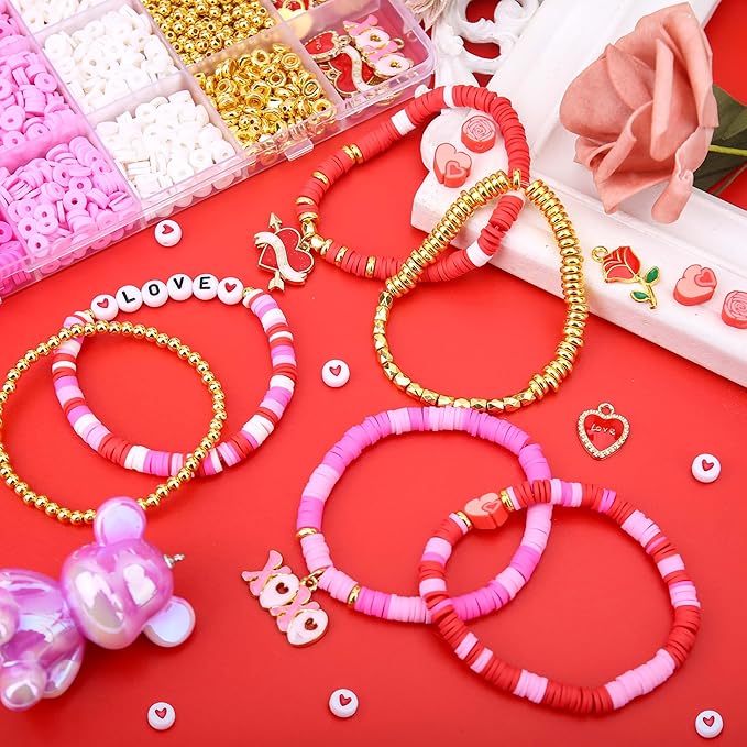 BONNY BOXX 3300PCs Valentine Day Clay Beads Set, Flat Round Disc Heishi Polymer Clay Beads with Letter Beads & Charms for Friendship Bracelet Making, Valentine Jewelry for DIY Crafts Birthday Gifts