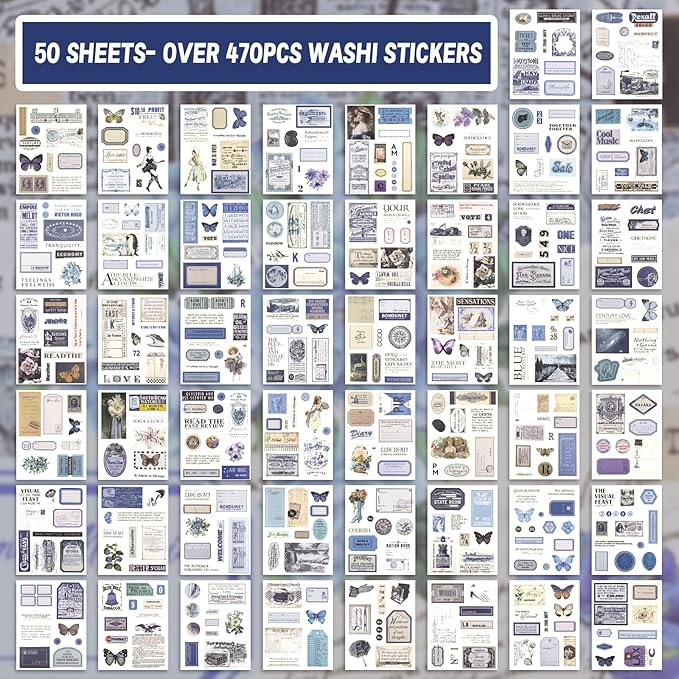 Pre-Cut Vintage Ephemera Washi Scrapbook Sticker Book for Scrapbooking - 50 Sheets Blue Journaling Dark Academia Stickers for Junk Journal Scrap Book Supplies Arts Frame Album, 473PCS