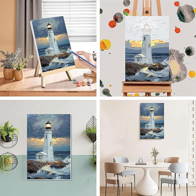 Lighthouse Paint by Numbers for Adults with Framed Canvas - with Wooden Easel, Landscape Paint by Number for Beginners, DIY Acrylic Oil Painting on Canvas with Brushes for Home Wall Decor (8x12 inch)