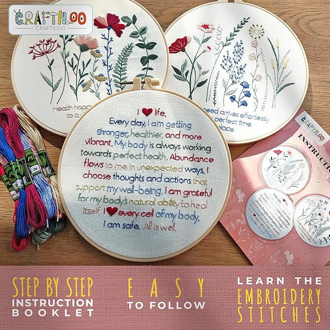 CRAFTILOO Embroidery Kits for Adults Hand Embroidery kit for Beginners with Stamped Embroidery Patterns Starter Embroidery Kit. Needlepoint kit Cross Stitch kit for Teens& Adults Flowers