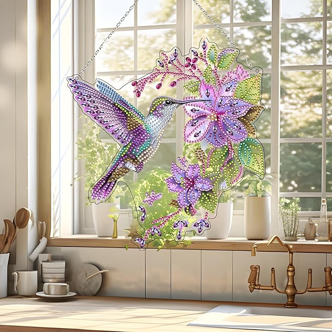 JJFox Diamond Art Hanging Kit for Adult,Special Shaped Rhinestone,Double Sided DIY Acrylic 5D Diamond Art Painting Window Pendants Home Garden Wall Hanging Kits Hanging Ornament (Hummingbird)