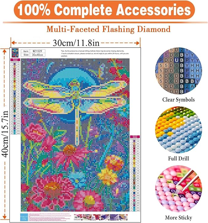 igoodom Diamond Art Kits for Adults, Flowers Dragonflies Diamond Painting Kit, Full Drill Round Diamond Art Kits, DIY Gem Art and Crafts for Home Wall Decor Gift 12x16inch