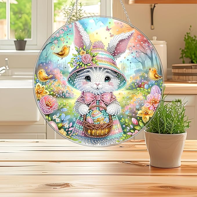 DIY Hanging Diamond Art Kit for Adults, 5D Acrylic Gem Art Window & Wall Pendant, Diamond Painting Ornament for Home Decor (Easter Bunny)