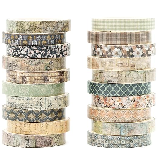 20 Rolls Skinny Vintage Washi Tape Set Retro Arts Adhesive Tapes Basic Patterns Decorative Masking Tape Sets for Craft, Kids, Scrapbook, DIY, Gift Wrapping (Elegance in Time)