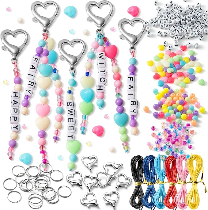 WATINC DIY Heart Keychain Making Craft Kits,Beads for Jewelry Making Set Supplies with Adjustable Letter Transparent Beads, Bag Charm Bracelets Key Ring Accessories Festival Party Favor (592Pcs)